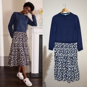 Boden Woven Mix Tiered Midi Dress French Navy Floral Pattern Size 6